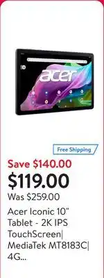 Walmart Acer Iconic 10 Tablet - 2K IPS TouchScreen| MediaTek MT8183C| 4G DDR4 RAM| 64G Flash Drive| Android 12 - Excellent Recertifie offer