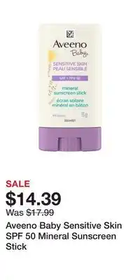 Well Aveeno Baby Sensitive Skin SPF 50 Mineral Sunscreen Stick offer