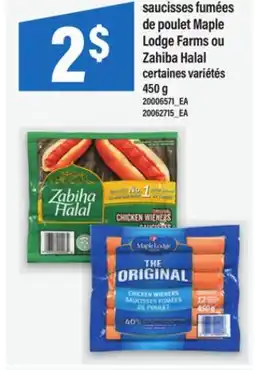 Maxi saucisses fumées de poulet Maple Lodge Farms ou Zahiba Halal offer
