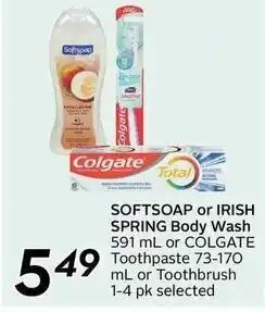 Sobeys SOFTSOAP or IRISH SPRING Body Wash or COLGATE Toothpaste or Toothbrush offer