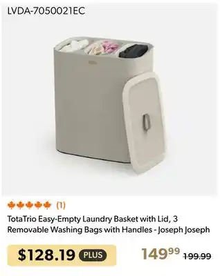 Shopper+ TotaTrio Easy-Empty Laundry Basket with Lid, 3 Removable Washing Bags with Handles - Joseph Joseph offer