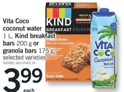 Fortinos VITA COCO COCONUT WATER 1 L, KIND BREAKFAST BARS 200 G OR GRANOLA BARS 175 G offer