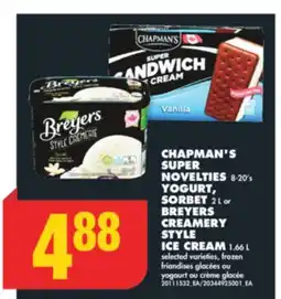 No Frills CHAPMAN'S SUPER NOVELTIES, 8-20' s YOGURT, SORBET, 2 L or BREYERS CREAMERY STYLE ICE CREAM, 1.66 L offer