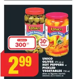 No Frills UNICO OLIVES, 375 mL or HOT PEPPERS or PICKLED VEGETABLES, 750 mL offer