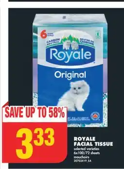 No Frills ROYALE FACIAL TISSUE, 6x100/72 sheets offer