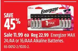 Canadian Tire Energizer MAX 24/AA or 16/AAA Alkaline Batteries offer