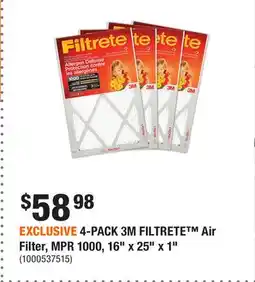 Home Depot EXCLUSIVE 4-PACK 3M FILTRETE Air Filter, MPR 1000, 16 x 25 x 1 offer