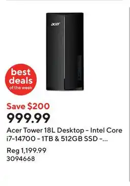 Staples Acer Tower 18L Desktop - Intel Core i7-14700 - 1TB & 512GB SSD - 16GB RAM - Windows 11 offer