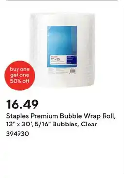 Staples Staples Premium Bubble Wrap Roll, 12 x 30', 5/16 Bubbles, Clear offer