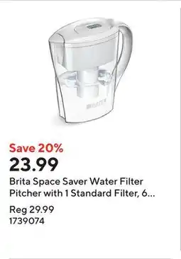 Staples Brita Space Saver Water Filter Pitcher with 1 Standard Filter, 6 Cup - White offer