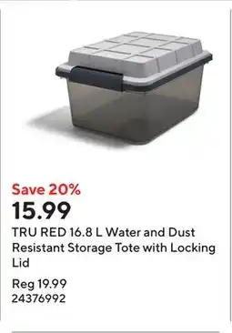 Staples TRU RED 16.8 L Water and Dust Resistant Storage Tote with Locking Lid offer