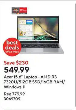 Staples Acer 15.6 Laptop - AMD R3 7320U/512GB SSD/16GB RAM/Windows 11 offer