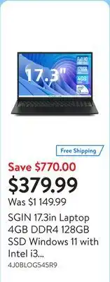 Walmart SGIN 17.3in Laptop 4GB DDR4 128GB SSD Windows 11 with Intel i3 Processor FHD 1920x1080 offer
