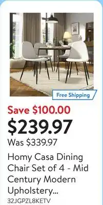 Walmart Homy Casa Dining Chair Set of 4 - Mid Century Modern Upholstery Side Chairs with Metal Legs for Kitchen Bistro Dining Room, B offer