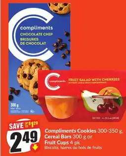 FreshCo Compliments Cookies 300-350 g, Cereal Bars 300 g or Fruit Cups 4 pk offer