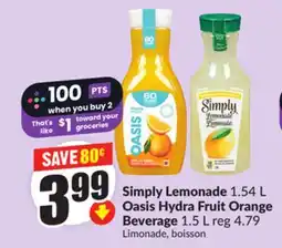 Chalo FreshCo Simply Lemonade 1.54 L Oasis Hydra Fruit Orange Beverage 1.5 L offer