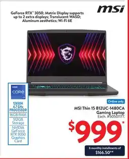 Walmart MSI Thin 15 B12UC-1480CA Gaming Laptop offer