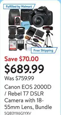 Walmart Canon EOS 2000D / Rebel T7 DSLR Camera with 18-55mm Lens, Bundle offer