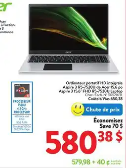 Walmart Acer Aspire 3 15 FHD R5-7520U Laptop offer