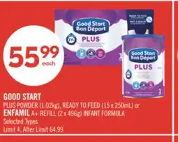 Shoppers Drug Mart GOOD START PLUS POWER (1.02kg), READY TO FEED (15 X 250ml) or ENFAMIL A+ REFILL (2 X 496g) INFANT FORMULA offer