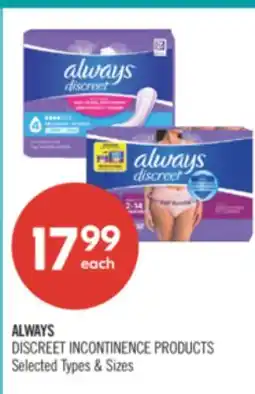 Shoppers Drug Mart ALWAYS DISCREET INCONTINENCE PRODUCTS offer