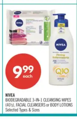 Shoppers Drug Mart NIVEA BIODEGRADABLE 3-IN-1 CLEANSING WIPES (40's), FACIAL CLEANSERS or BODY LOTIONS offer