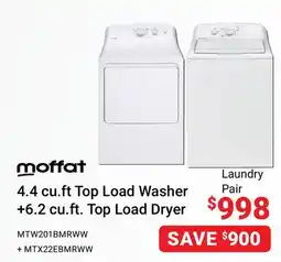 Visions Electronics Moffat 4.4 cu. ft Top Load Washer + 6.2 cu. ft. Top Load Dryer offer