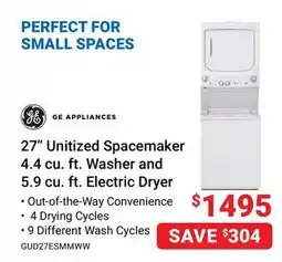 Visions Electronics GE APPLIANCES 27 Unitized Spacemaker 4.4 cu. ft. Washer and 5.9 cu. ft. Electric Dryer offer