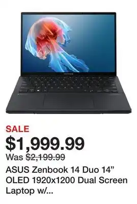 Newegg ASUS Zenbook 14 Duo 14 OLED 1920x1200 Dual Screen Laptop w/ Detachable Keyboard, Intel Core Ultra 7 Processor 155H 1.4 GHz, I offer