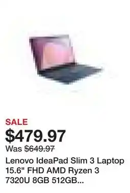 Newegg Lenovo IdeaPad Slim 3 Laptop 15.6 FHD AMD Ryzen 3 7320U 8GB 512GB SSD Windows 11 Home, 82XQ00G2CF offer