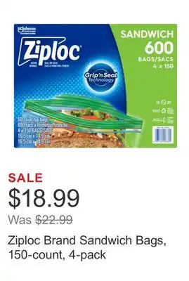 Costco Ziploc Brand Sandwich Bags, 150-count, 4-pack offer