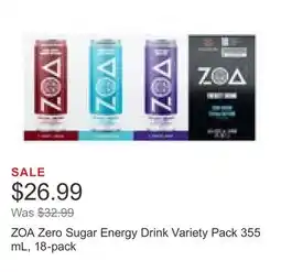 Costco ZOA Zero Sugar Energy Drink Variety Pack 355 mL, 18-pack offer