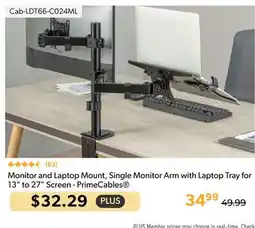 Shopper+ Monitor and Laptop Mount, Single Monitor Arm with Laptop Tray for 13 to 27 Screen - PrimeCables offer