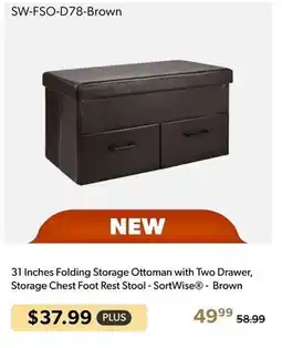 Shopper+ 31 Inches Folding Storage Ottoman with Two Drawer, Storage Chest Foot Rest Stool - SortWise - Brown offer