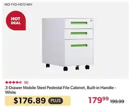 123Ink 3-Drawer Mobile Steel Pedestal File Cabinet, Built-in Handle - White offer