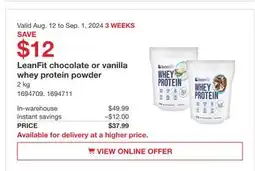 Costco LeanFit chocolate or vanilla whey protein powder offer