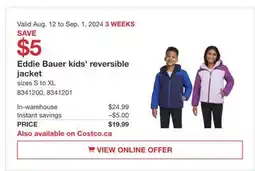 Costco Eddie Bauer Kids' reversible jacket offer
