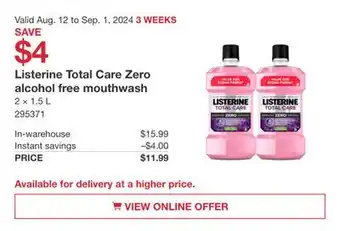 Costco Listerine Total Care Zero alcohol free mouthwash offer