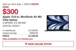 Costco Apple 13.6-in. MacBook Air M2 Chip laptop offer