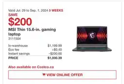 Costco MSI Thin 15.6-in. gaming laptop offer