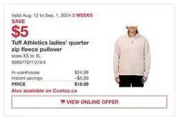 Costco Tuff Athletics ladies' quarter zip fleece pullover offer