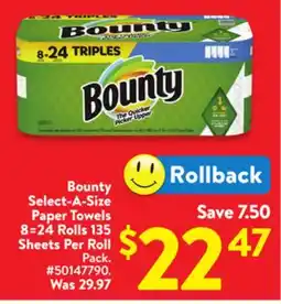 Walmart Bounty Select-A-Size Paper Towels 8:24 Rolls 135 Sheets Per Roll offer