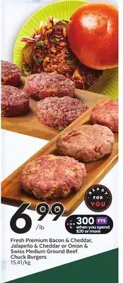 Sobeys Fresh Premium Bacon & Cheddar, Jalapeño & Cheddar or Onion & Swiss Medium Ground Beef Chuck Burgers offer