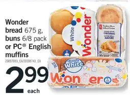 Fortinos Wonder bread 675 g, buns 6/8 pack PC English muffins offer