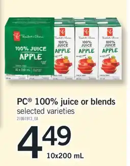 Fortinos PC 100% JUICE OR BLENDS 10x200 mL offer