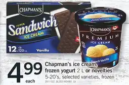 Fortinos Chapman's ice cream, frozen yogurt 2 L or novelties 5-20's offer