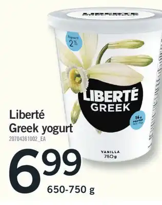 Fortinos Liberté Greek yogurt, 650-750 g offer