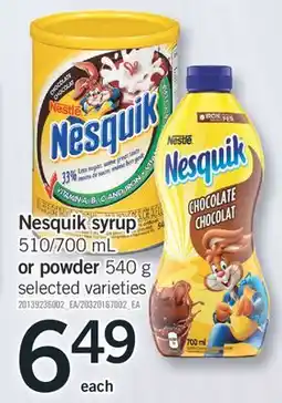 Fortinos Nesquik syrup 510/700 mL or powder 540 g offer