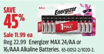 Canadian Tire Energizer MAX 24/AA or 16/AAA Alkaline Batteries offer