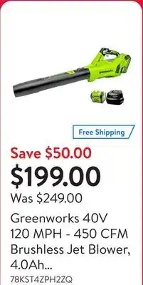 Walmart Greenworks 40V 120 MPH - 450 CFM Brushless Jet Blower, 4.0Ah Battery and Charger Included offer